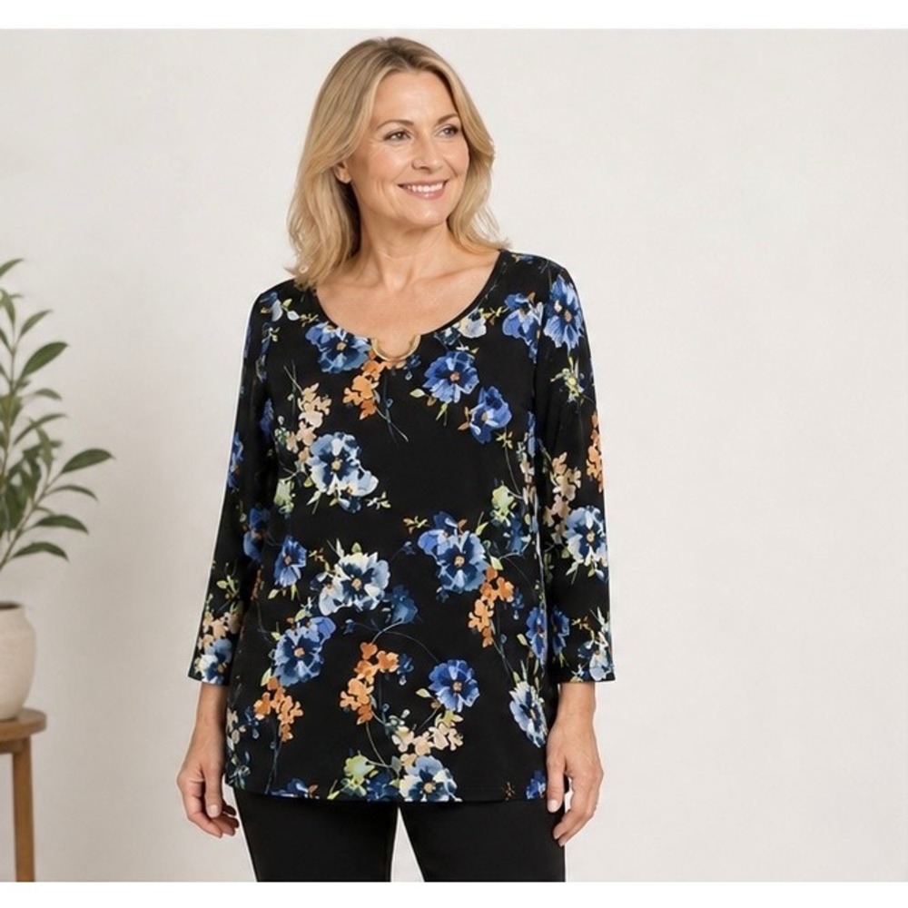 Calvin Klein Women 2X Black Floral 3/4 Sleeve Blouse Gold Hardware Top